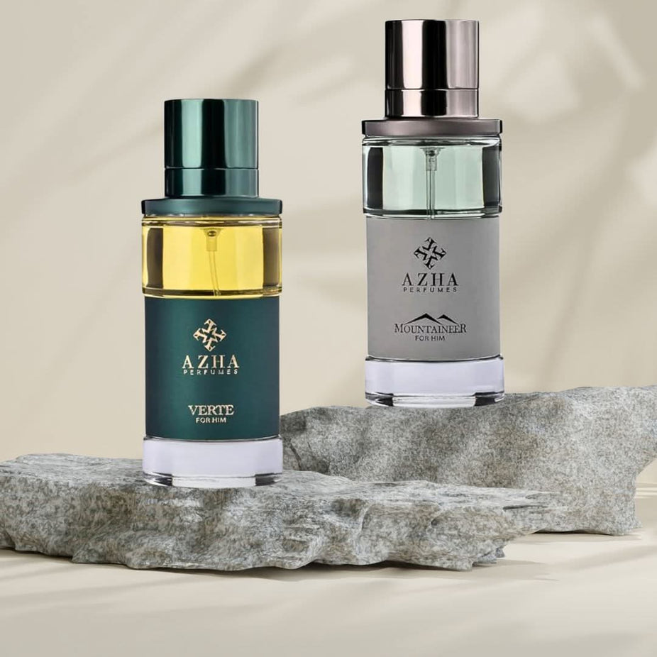 AZHA Mountaineer & Verte for Him Eau de Parfum bundle, featuring two 100ml spray bottles with sleek packaging.