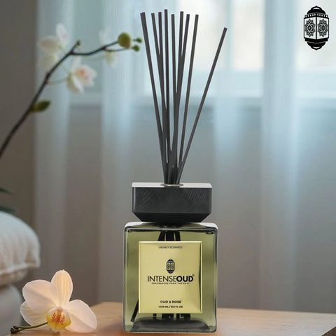 INTENSE OUD Reed Diffuser, Oud Rose – 1000ml (35.1 oz) – Fragrance for Up to 90 Days – Reusable, Refillable Glass Holder, Includes 6 All-Natural Reed Sticks