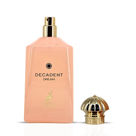 Maison Alhambra Decadent Dream Eau de Parfum spray 100ml with velvet pouch, showcasing the elegant fragrance bottle.