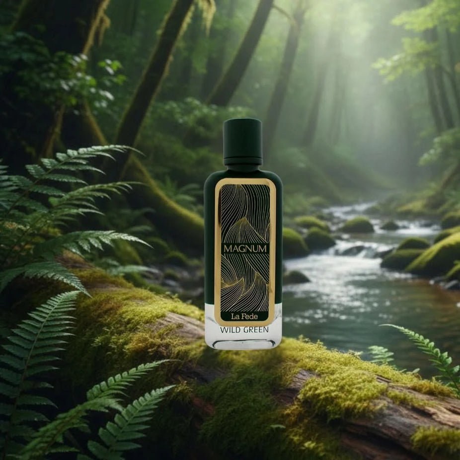 Khadlaj La Fede Magnum Wild Green Eau de Parfum spray bottle, 100ml, with sleek green design and elegant branding.