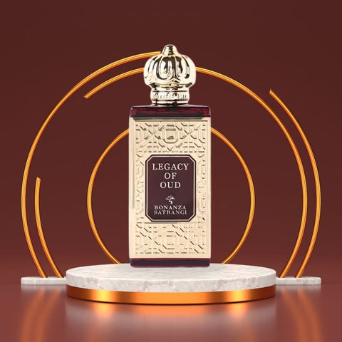Bonanza Satrangi Legacy of Oud Eau de Parfum spray 75ml bottle, elegant perfume with dark fragrance notes and sleek packaging