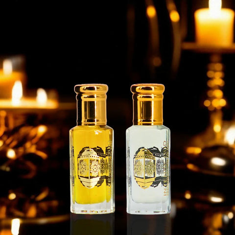 Fawaken & Noble Fruits perfume oils bundle by Intense Oud with black gift box, featuring two 12ml perfume oil bottles.