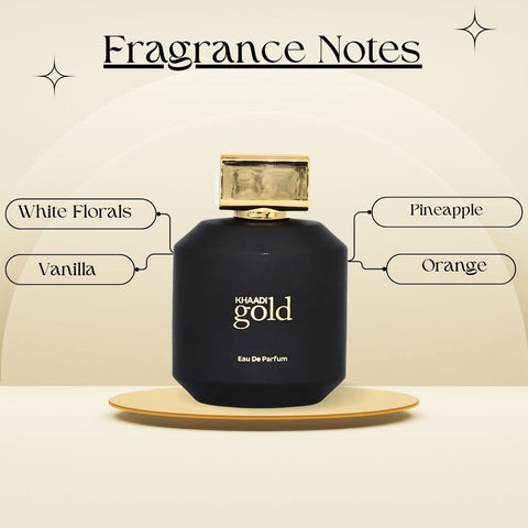 Khaadi Gold Eau de Parfum spray 100ml bottle with gold accents and elegant packaging, showcasing luxury fragrance design.