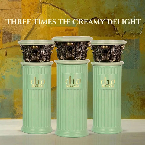 Bundle of three 100ml Ard Al Zaafaran Manaal Eau de Parfum spray bottles, featuring elegant perfume bottles with intricate designs.