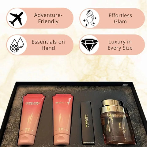 Michael Kors Wonderlust gift set with Eau de Parfum spray, body lotion, shower gel, and travel size EDP in a sleek box.