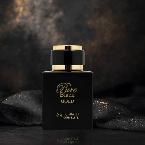 Pure Black Gold Eau de Parfum spray by Oud Elite, 100ml bottle with black and gold packaging and elegant design.