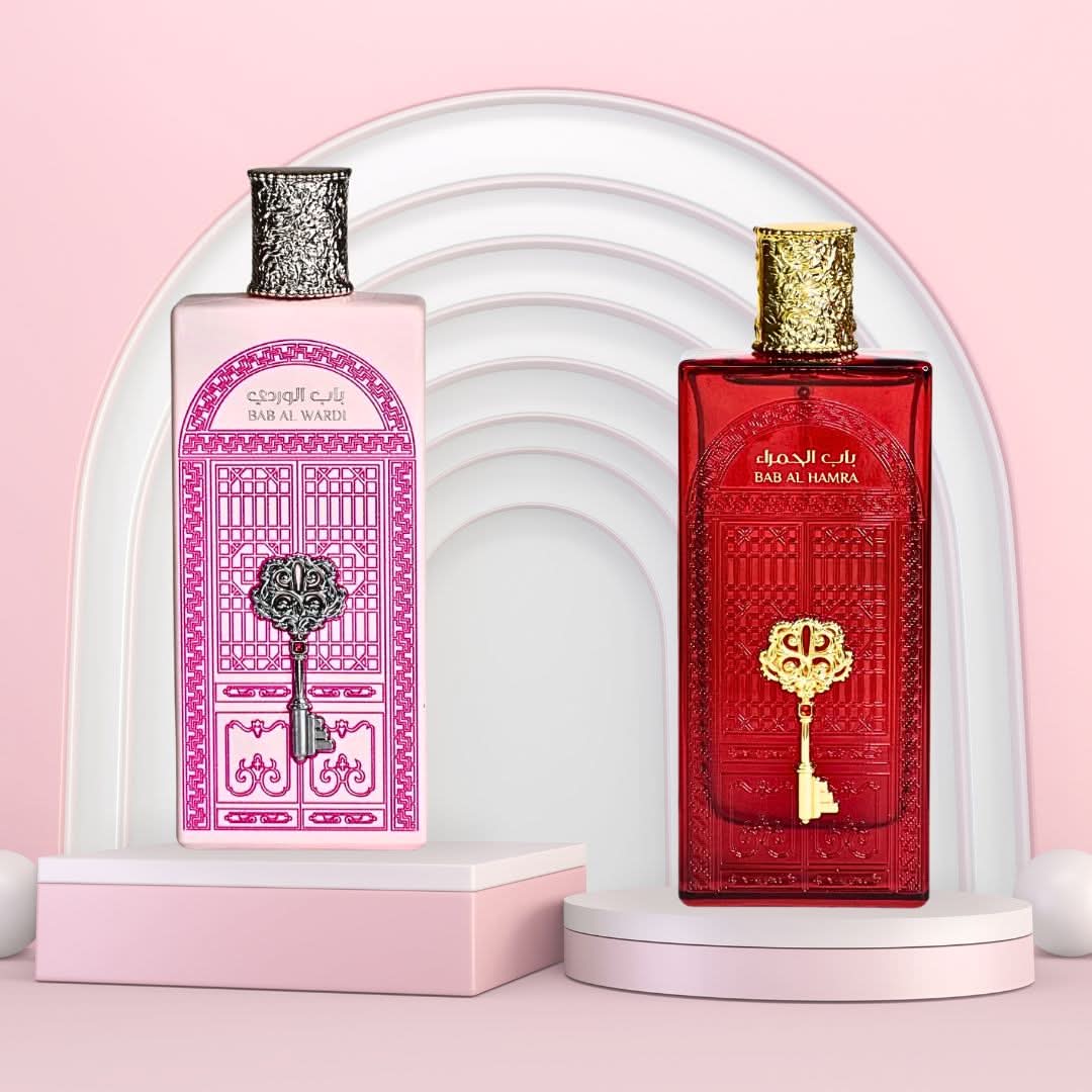 Bundle of Ard Al Zaafaran Bab Al Wardi and Bab Al Hamra Eau de Parfum sprays, 100ml bottles with floral and oriental fragrance themes.