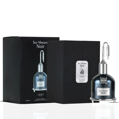 Lattafa Pride Sur Mesure Noir Eau De Parfum spray 100ml bottle with sleek black design and elegant packaging.