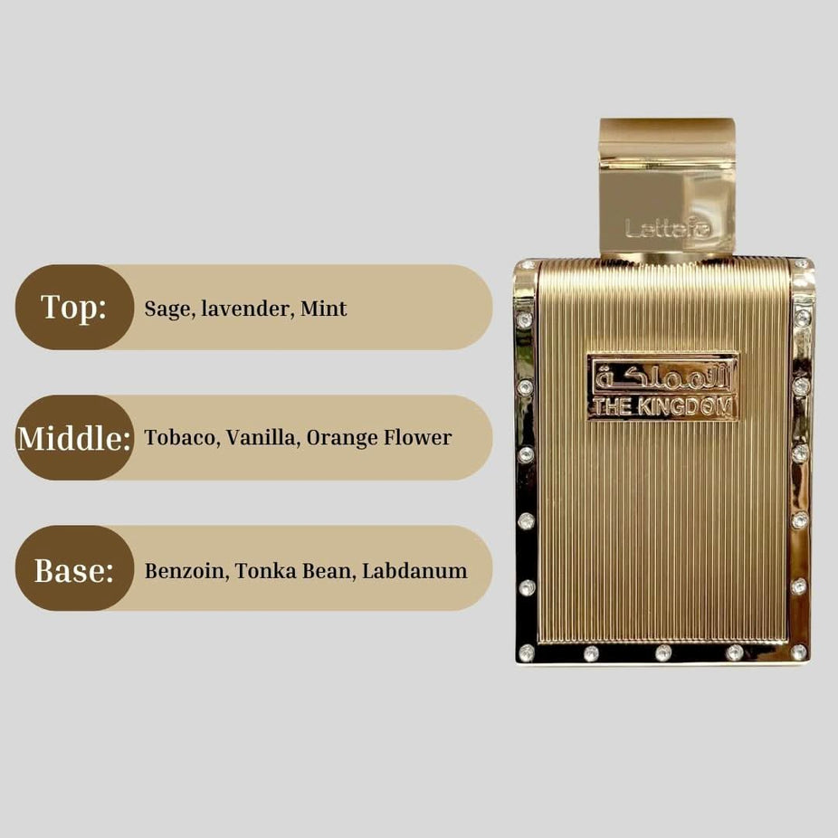 Lattafa The Kingdom for Men Eau De Parfum spray 100ml with elegant bottle and packaging, showcasing a luxurious men's fragrance.