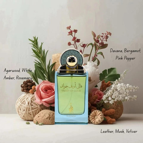 RISALA perfume bundle featuring Valley of Love, Valley of Gold, Rehat Al Zahoor, and Hope Eau de Parfum sprays in 100ml bottles.