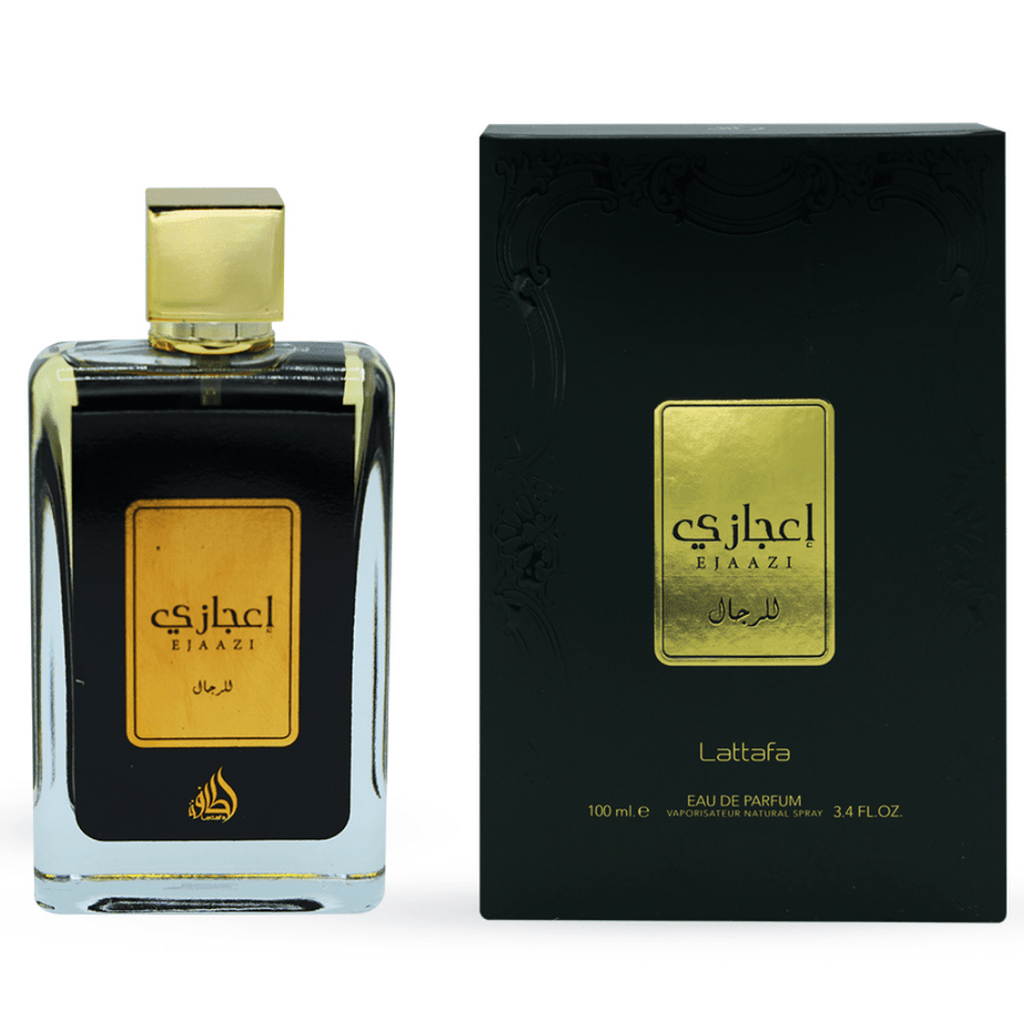 Lattafa Ejaazi Eau De Parfum Spray 100ml bottle, sleek design and elegant packaging for this luxurious fragrance.