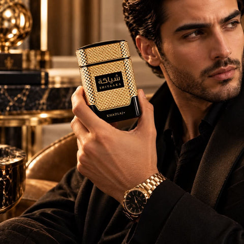 Shiyaaka Gold Eau de Parfum Spray 100ml by Khadlaj in a gold bottle and matching box