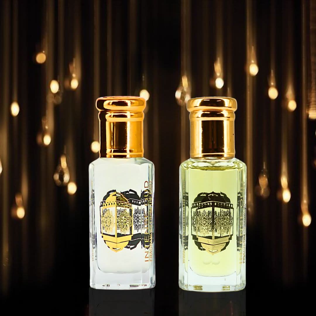 Intense Oud Rouje & Blush perfume oils bundle with black gift box, featuring two 12ml fragrance bottles in elegant packaging.