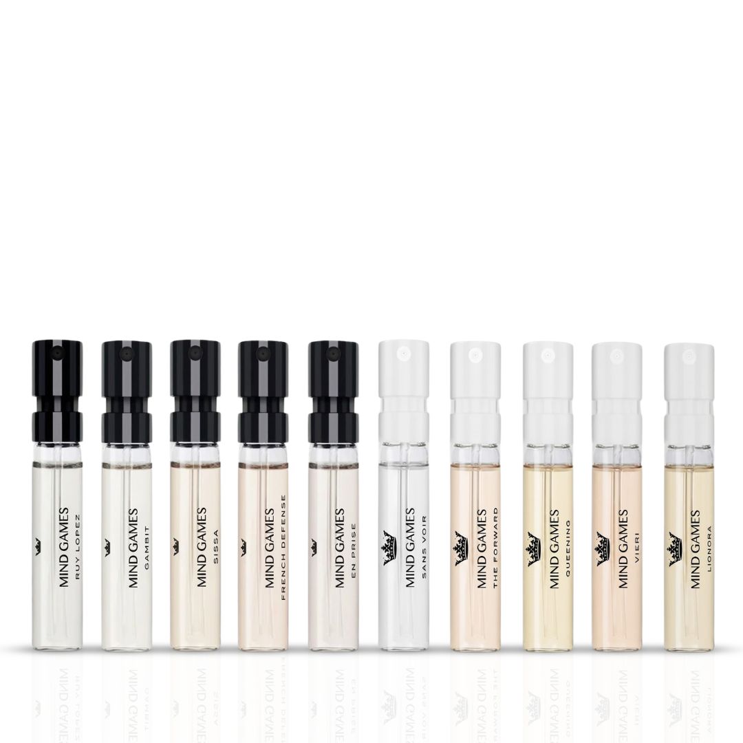 Mind Games Soulmate Collection 10-piece sample discovery set with 2ml vials, featuring a variety of scents and fragrances.