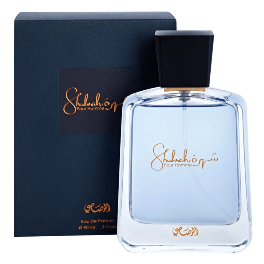 Rasasi Shuhrah Men & Women EDP bundle, 90ml each, showcasing elegant perfume bottles with floral and woody fragrance notes.