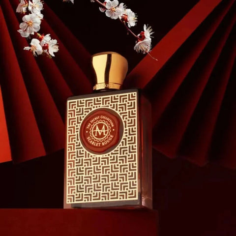 Moresque Scarlet Rouge Eau de Parfum spray bottle, 75ml, with elegant packaging and floral fragrance design.