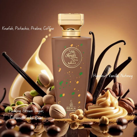 Risala Pista Kunafa Eau de Parfum spray bottle, 100ml, featuring elegant packaging and a sleek design.