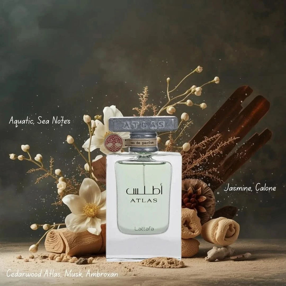 Intense Oud fragrance bundle featuring Ocean Breeze by Azha, Atlas by Lattafa, and Millennium by Hamidi Eau de Parfum sprays in 100ml bottles.