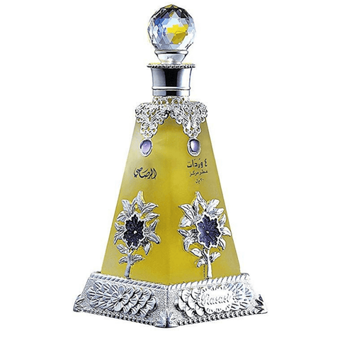 Rasasi Arba Wardat perfume oil bottle with velvet pouch, 30 ML, showcasing the elegant glass container and luxurious packaging.