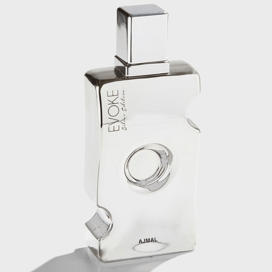 Evoke Silver Edition Eau De Parfum for Women by Ajmal, 75 ML bottle with sleek silver packaging and elegant design.