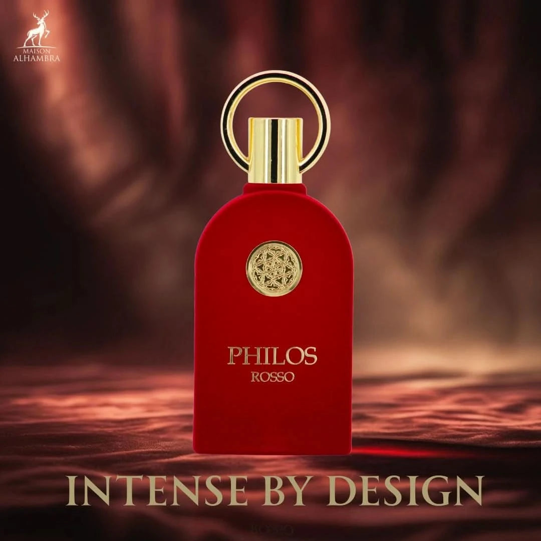 Maison Alhambra Philos Rosso Eau de Parfum spray 100ml bottle with elegant packaging and red accents.