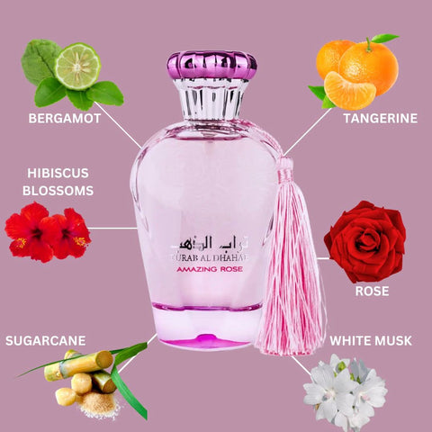 Turab Al Dhahab Amazing Rose Eau de Parfum spray by Ard Al Zaafaran, 100ml, with velvet pouch, featuring elegant pink rose design.