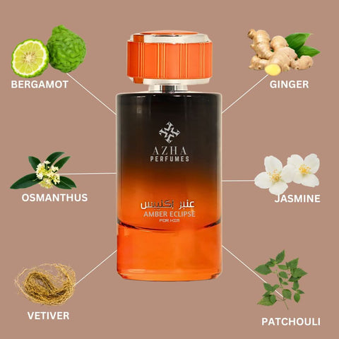 Amber Eclipse For Him Azha Eau de Parfum spray bottle, 100ml, with amber-colored liquid and sleek packaging.