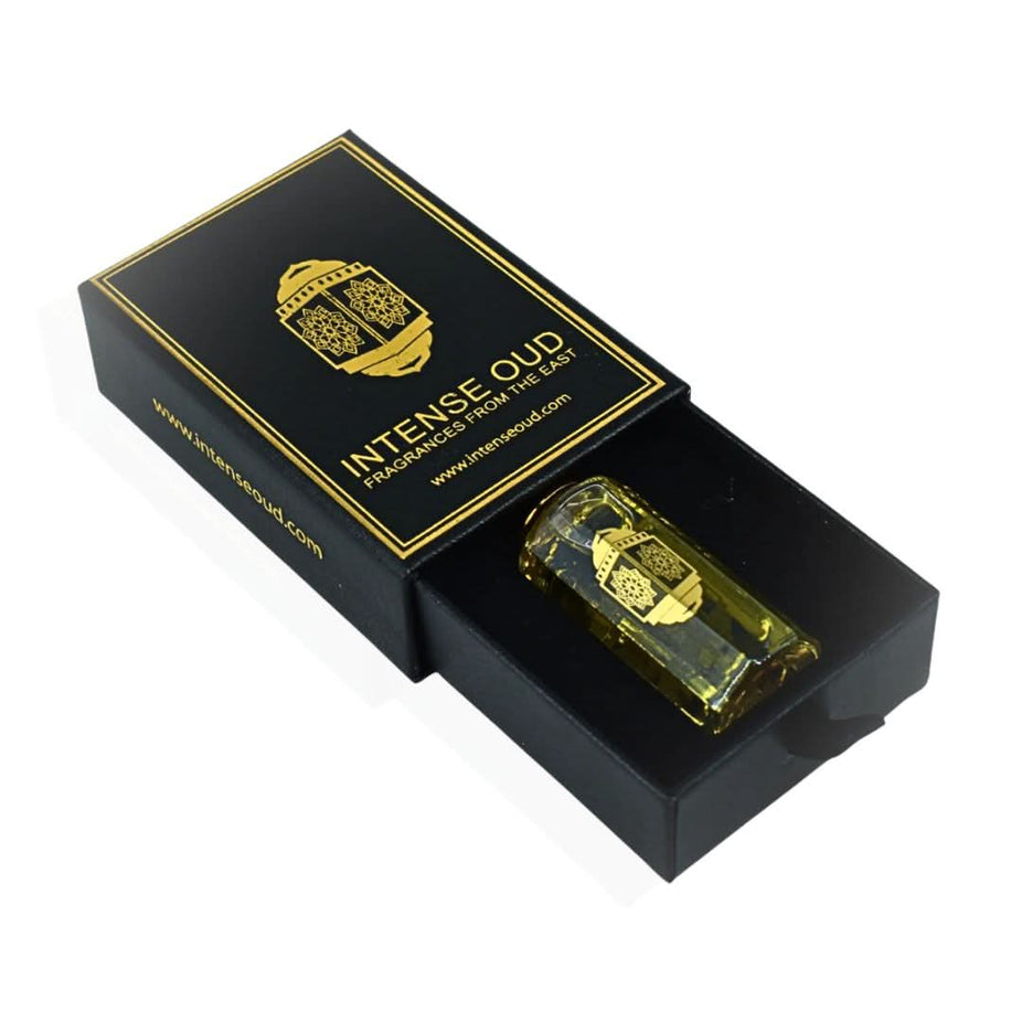 Intense Oud Gardenia Musk perfume oil 12ml in a clear bottle with black gift box, featuring floral and musky scent details.