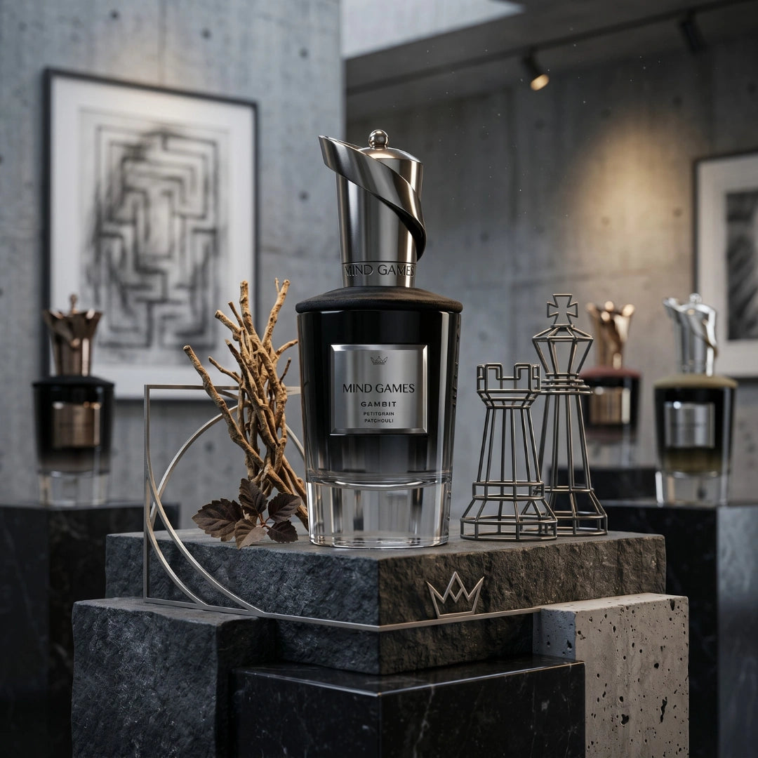 Mind Games Gambit Extrait de Parfum 100ml EDP bottle with elegant black and gold design and a sleek, modern appearance.