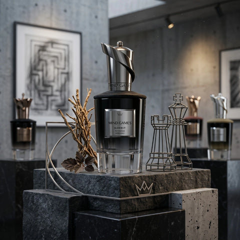 Mind Games Gambit Extrait de Parfum 100ml EDP bottle with elegant black and gold design and a sleek, modern appearance.
