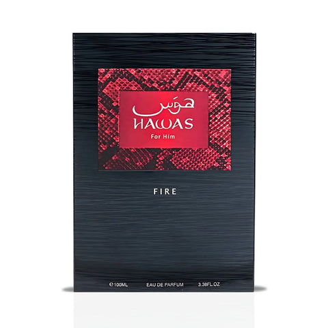 Three bottles of Rasasi Hawas Fire for Him Eau de Parfum spray, 100ml each, displayed in a value pack.