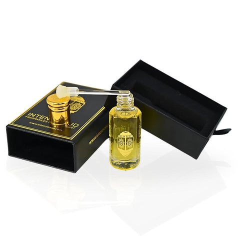 Intense Oud Santal Wood perfume oil in 12ml bottle with black gift box, showcasing the luxurious loose oil fragrance.