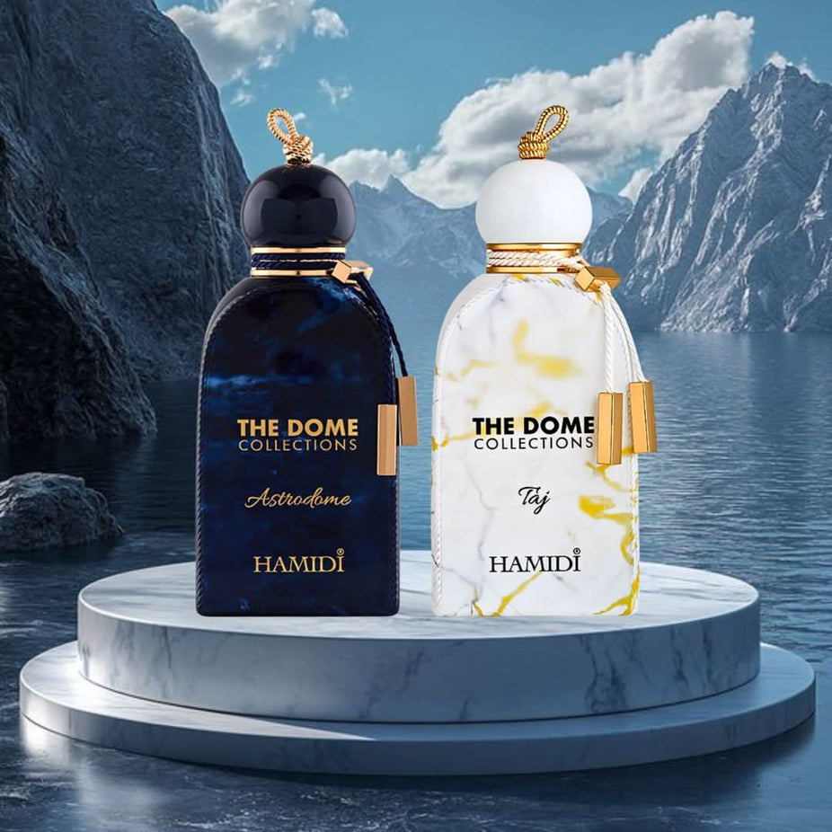 Hamidi The Dome Astrodome and Taj Eau de Parfum sprays in 100ml bundle, featuring elegant glass bottles with decorative caps.