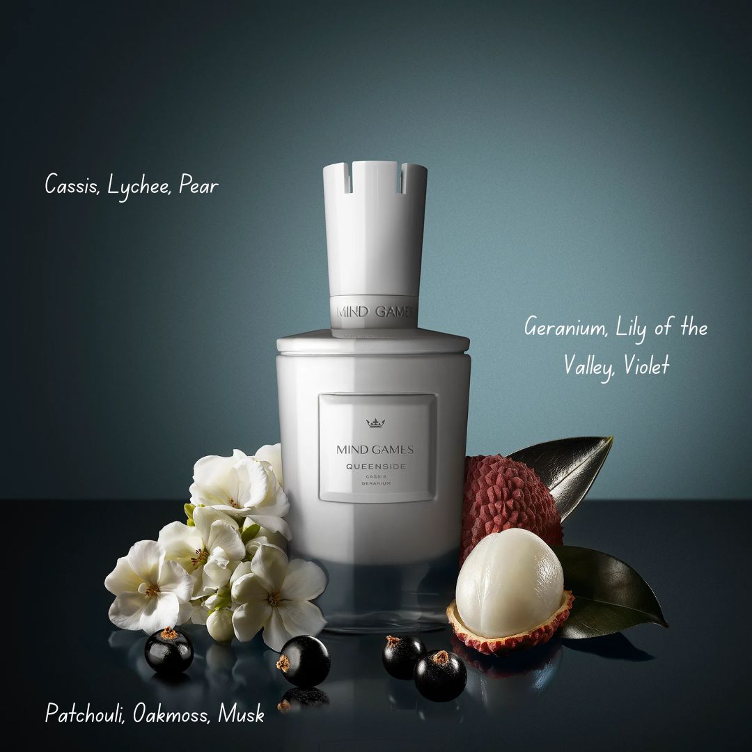 Queenside Extrait de Parfum by Mind Games, 100ml EDP bottle, elegant glass container with a sleek design.