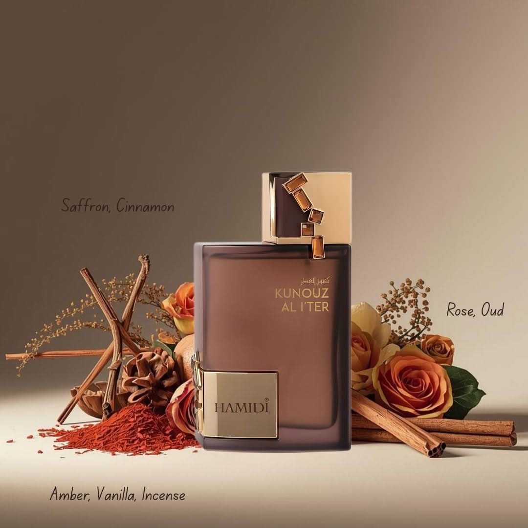 Hamidi Kunouz Al Iter Eau de Parfum spray bottle, 100ml, with elegant packaging and floral design.