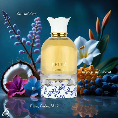 Lattafa Atheeri & Petra Eau de Parfum sprays bundle, 100ml each, with elegant bottle designs and floral fragrance details.