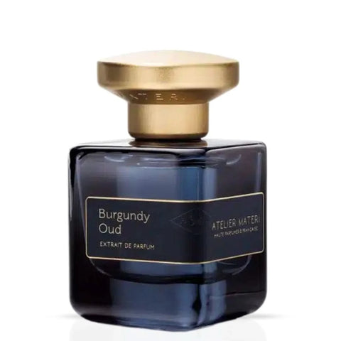 Burgundy Oud Extrait de Parfum Spray by Atelier Materi, 50ml eDP bottle with elegant dark burgundy packaging and gold accents.