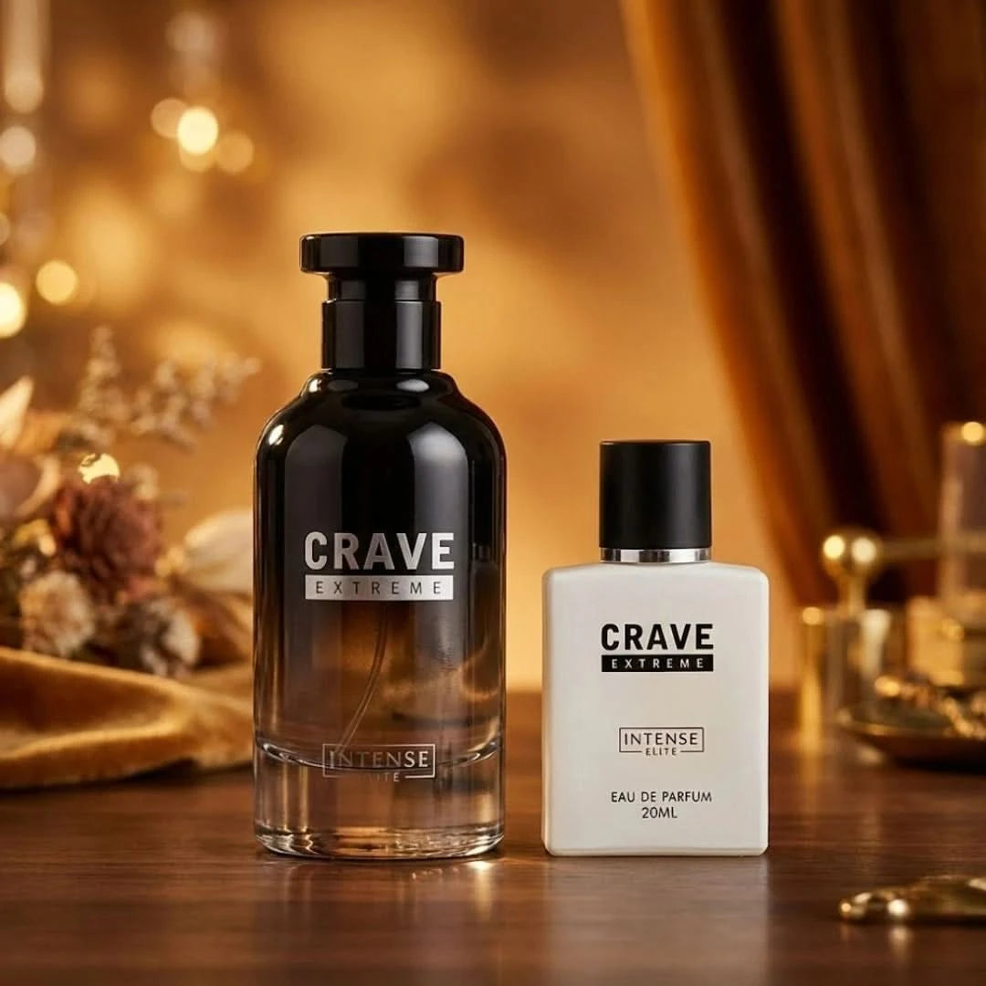 Bundle of Intense Elite Crave Extreme Eau de Parfum sprays, including 100ml and mini 20ml bottles, with sleek packaging.