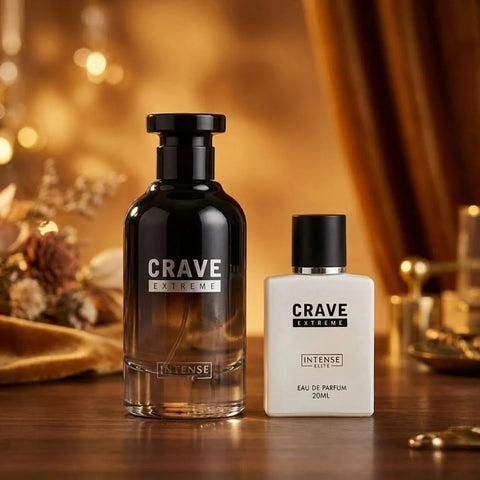 Bundle of Intense Elite Crave Extreme Eau de Parfum sprays, including 100ml and mini 20ml bottles, with sleek packaging.