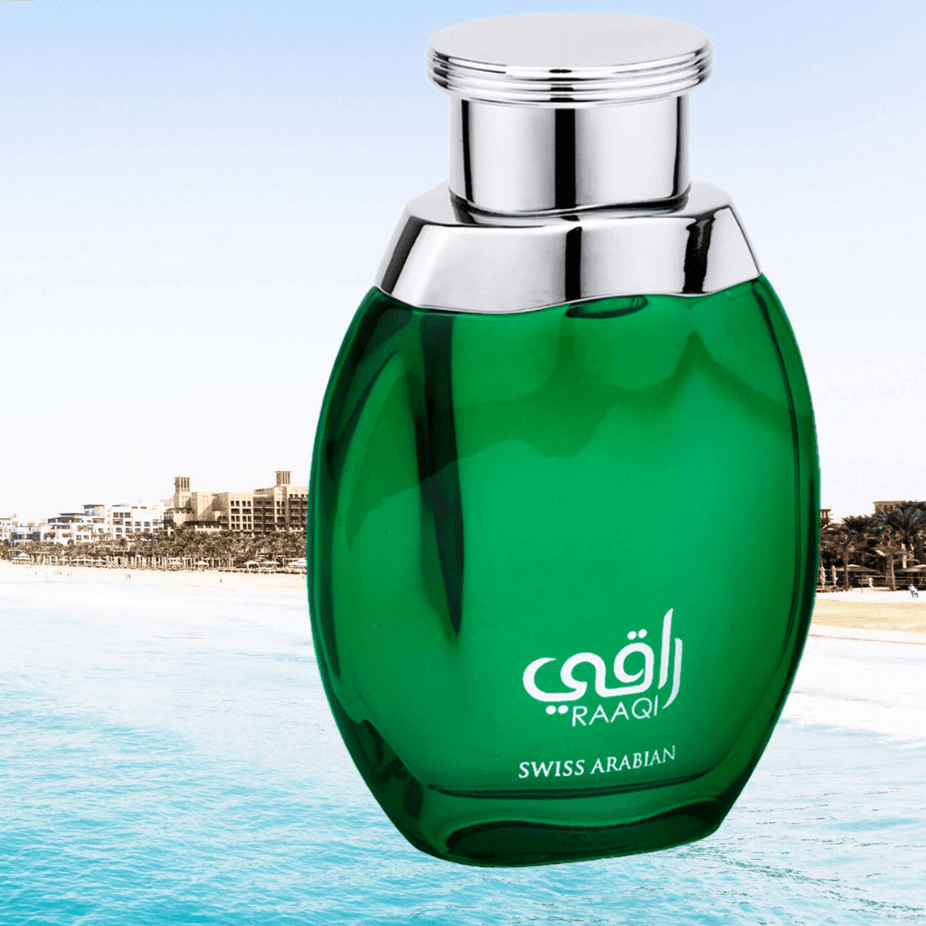 Swiss Arabian Raaqi EDP Eau De Parfum 100ml bottle with elegant packaging and floral design on the label.