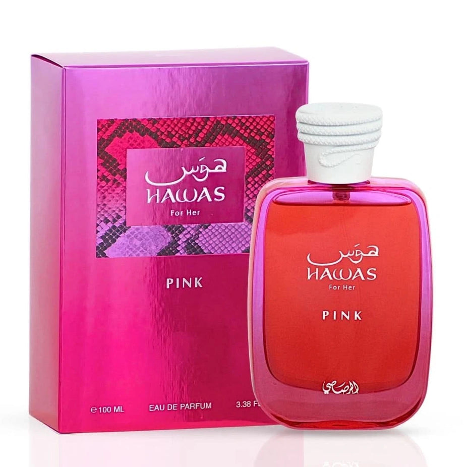 Pink Blush & Meethaq Extrait De Rouge by Ard Al Zaafaran and Hawas Pink by Rasasi Eau de Parfum 100ml bundle in a sleek packaging.