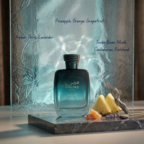 Rasasi Hawas Malibu & Hawas Ice for Men Eau de Parfum bundle, 100ml sprays, featuring sleek bottles and stylish packaging.
