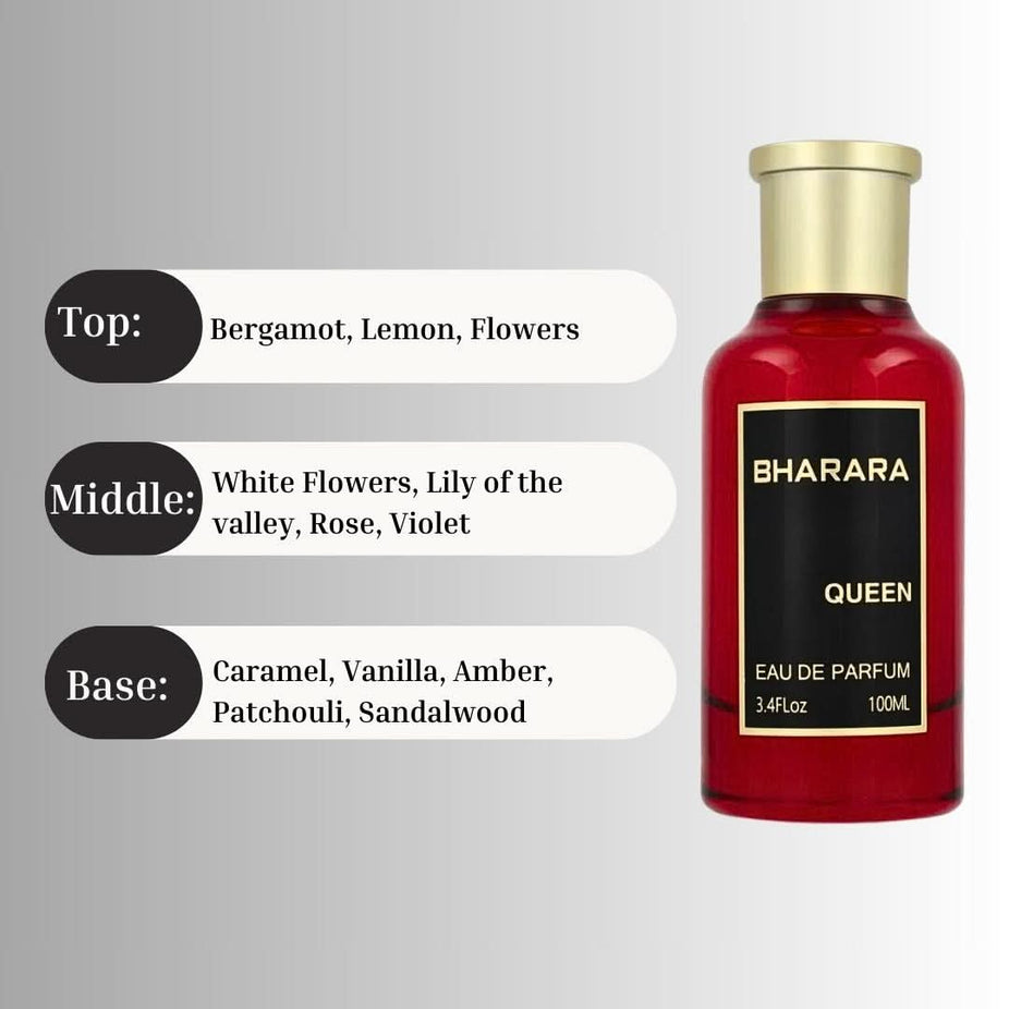 Bharara Queen Eau de Parfum Spray 100ml bottle with elegant design and floral accents, showcasing the Bharara brand perfume.