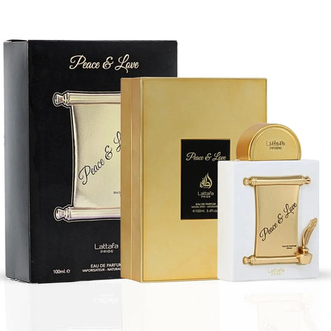 Lattafa Pride Peace & Love Eau de Parfum spray 100ml, elegant glass bottle with floral and aromatic design.