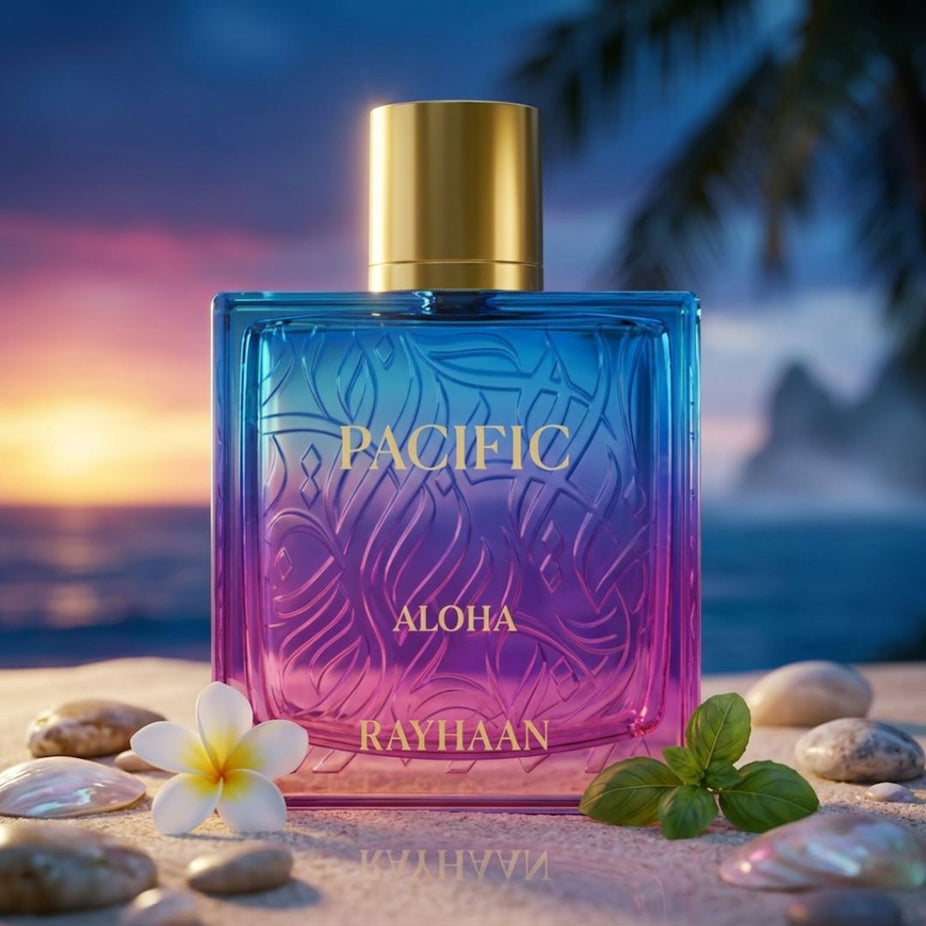 Rayhaan Pacific Aloha Eau de Parfum spray 100ml bottle, featuring a sleek design and floral fragrance notes.