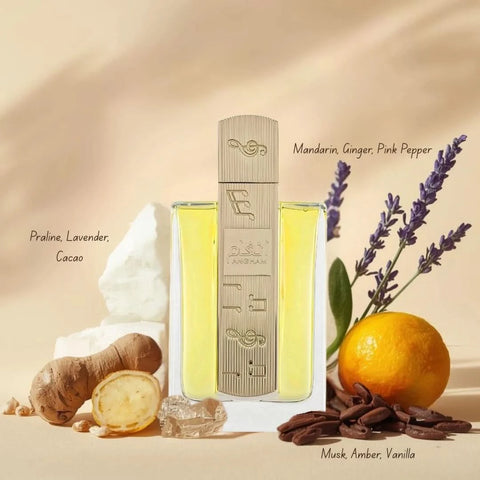 Lattafa Angham & Mashrabya Eau de Parfum spray bundle, 100ml each, featuring ornate bottle designs and elegant packaging.