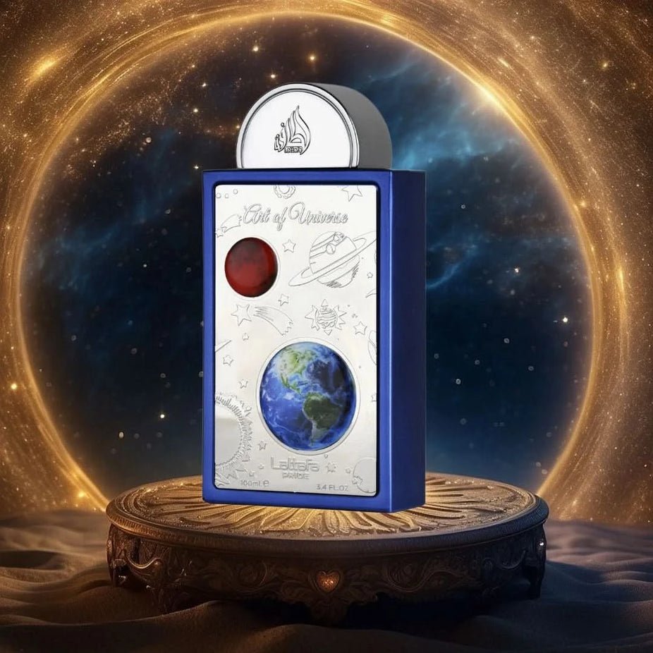 Lattafa Art of Universe Eau de Parfum spray bottle, 100ml, with elegant packaging and floral fragrance design.