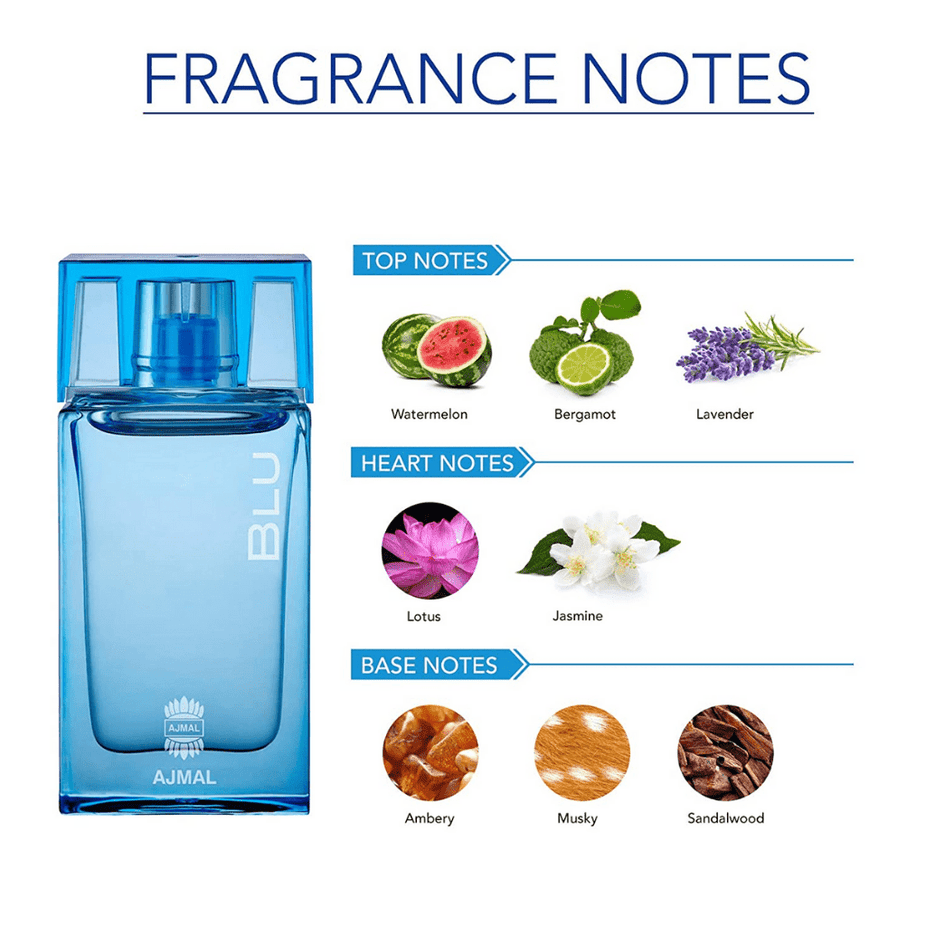 Ajmal Blu for Men perfume oil in a 10ml bottle, concentrated perfume oil with sleek packaging and a modern design.