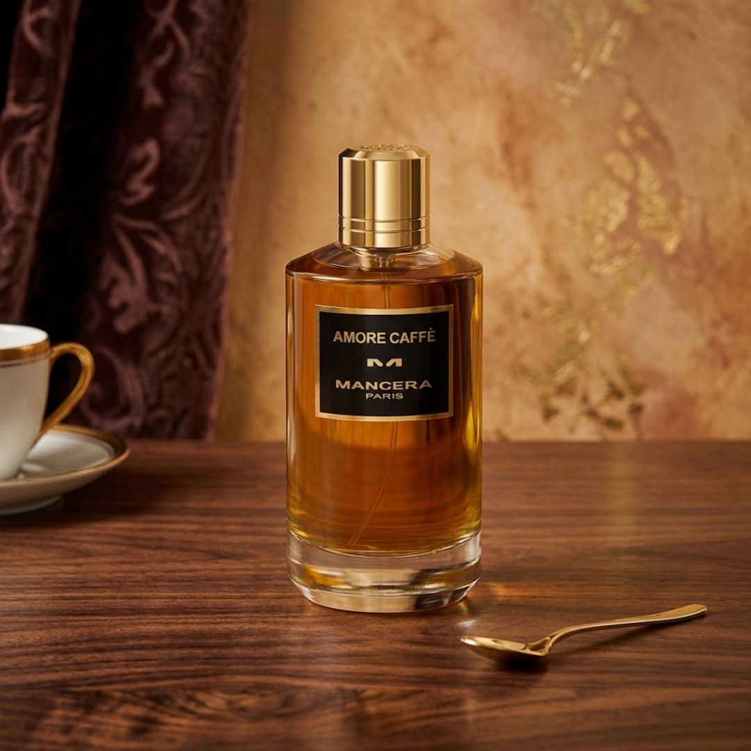 Mancera Amore Caffè Eau de Parfum spray bottle with dark glass and gold accents, 120ml, showcasing elegant fragrance packaging.