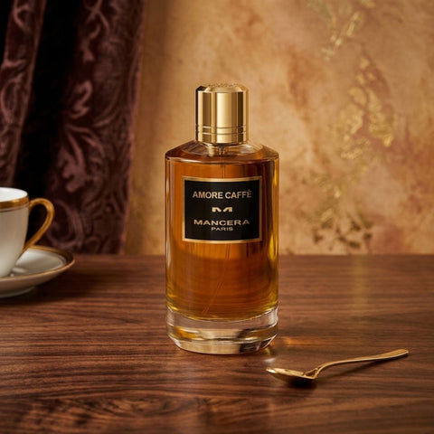 Mancera Amore Caffè Eau de Parfum spray bottle with dark glass and gold accents, 120ml, showcasing elegant fragrance packaging.